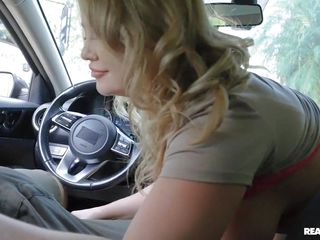 busty blondie thanks her friend for the ride