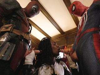 ebony cosplayer fucked by two superheroes