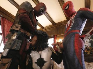 ebony cosplayer fucked by two superheroes
