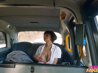 horny babe is masturbating in a taxi when the big dick driver jumps in
