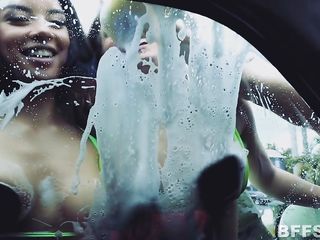 sexy babes get soapy and suck cock at the car wash