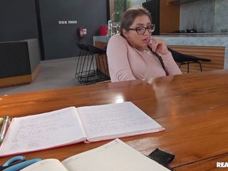 busty nerd gives a classroom blowjob