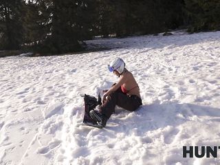 busty blondie sucking and licking cock in the snow